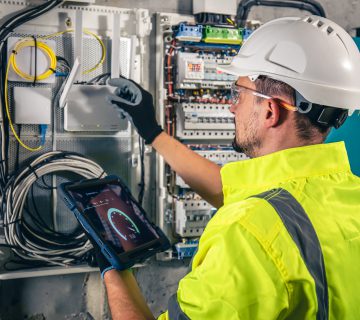 Man electrical technician working switchboard with fuses uses tablet 360x320